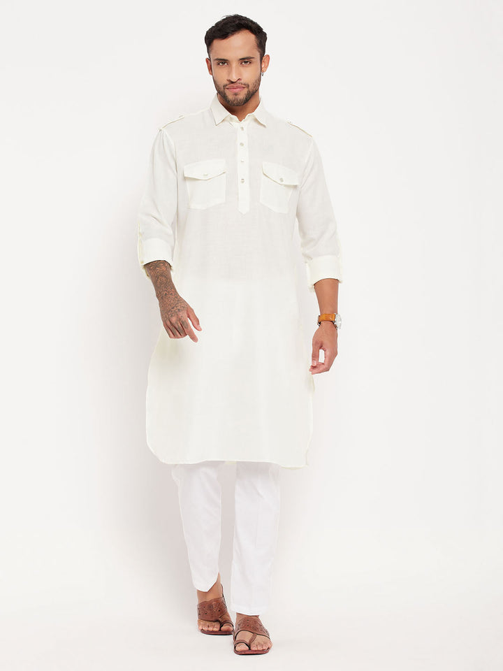 VM By VASTRAMAY Men's Cream Pathani Suit With White Pant Set