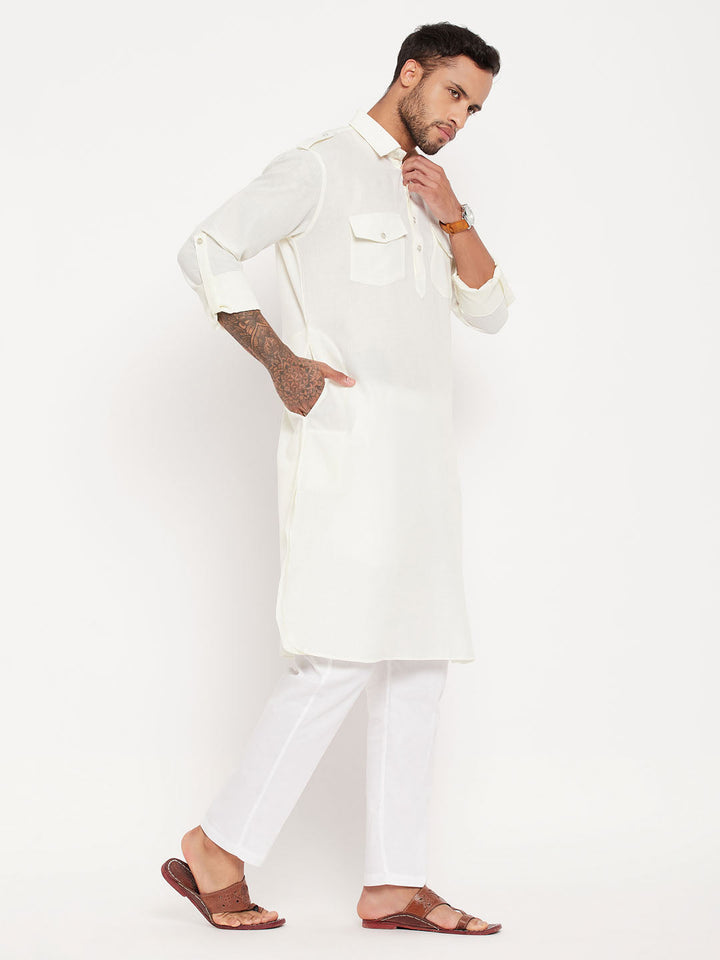 VM By VASTRAMAY Men's Cream Pathani Suit With White Pant Set