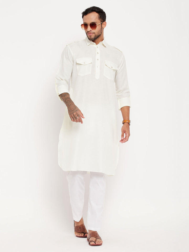 VM By VASTRAMAY Men's Cream Pathani Suit With White Pant Set