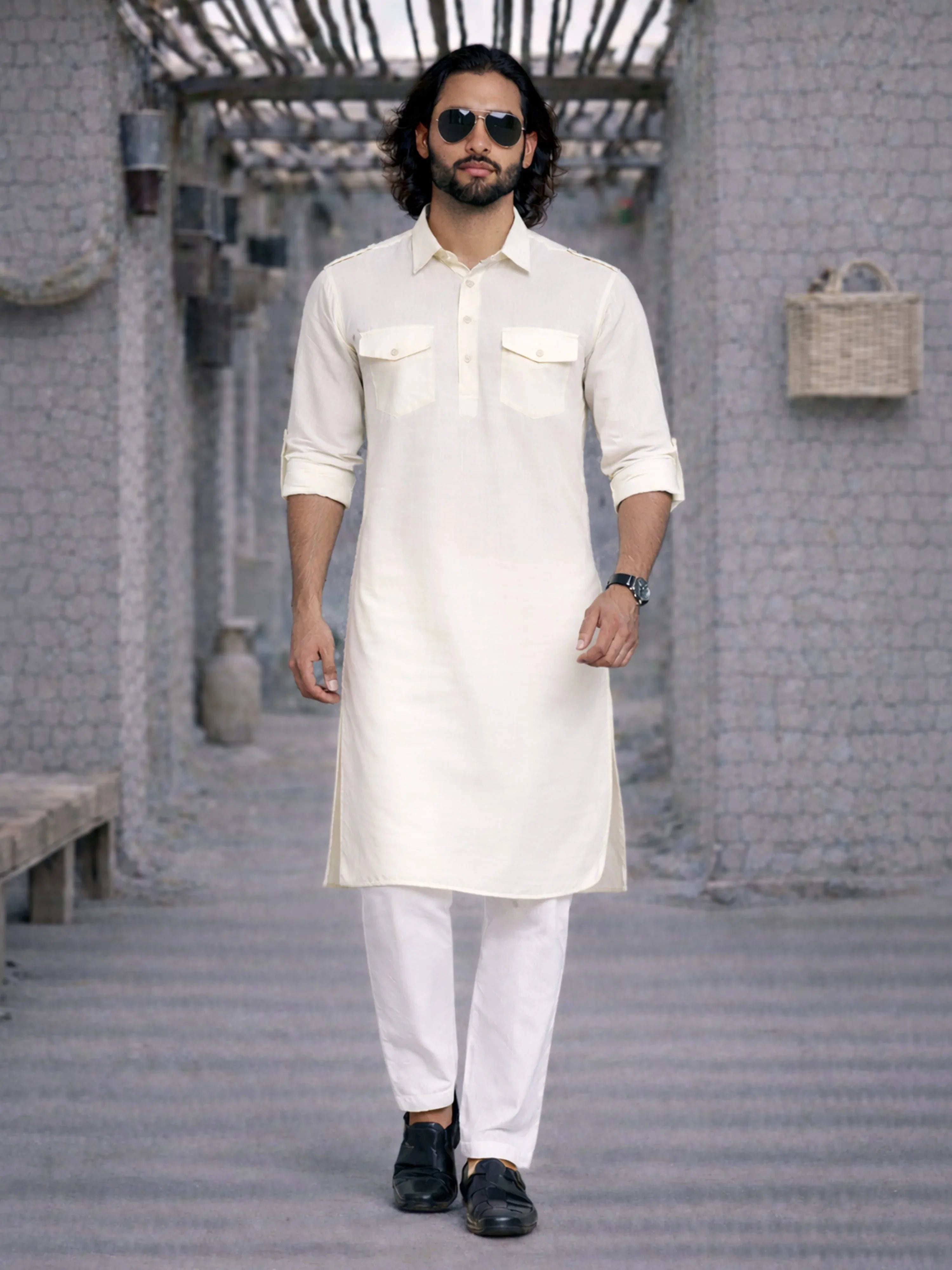 Men's Cream And White Cotton Blend Pathani Suit Set