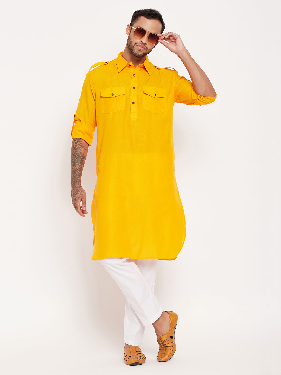 VM By VASTRAMAY Men's Mustard Pathani Suit With White Pant Set