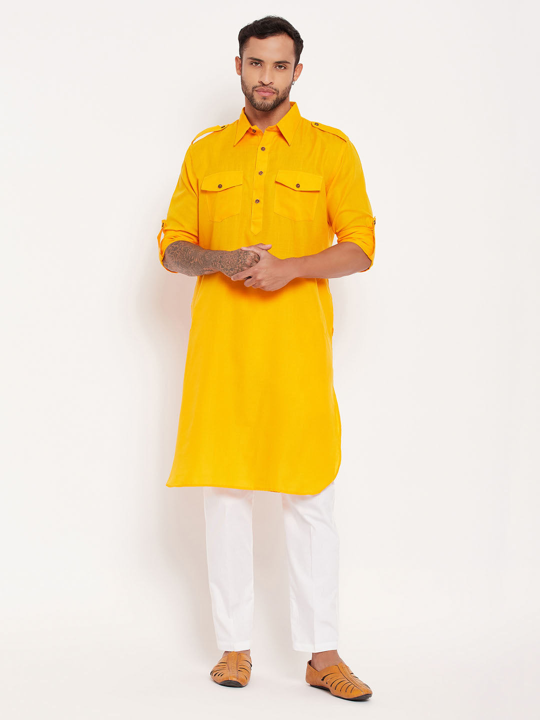 VM By VASTRAMAY Men's Mustard Pathani Suit With White Pant Set