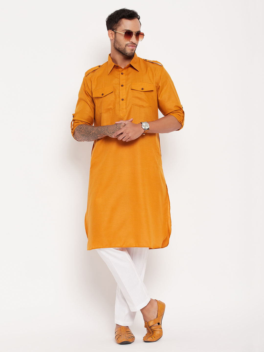 VASTRAMAY Rust Pathani Suit With White Pant - Traditional Indian men's attire