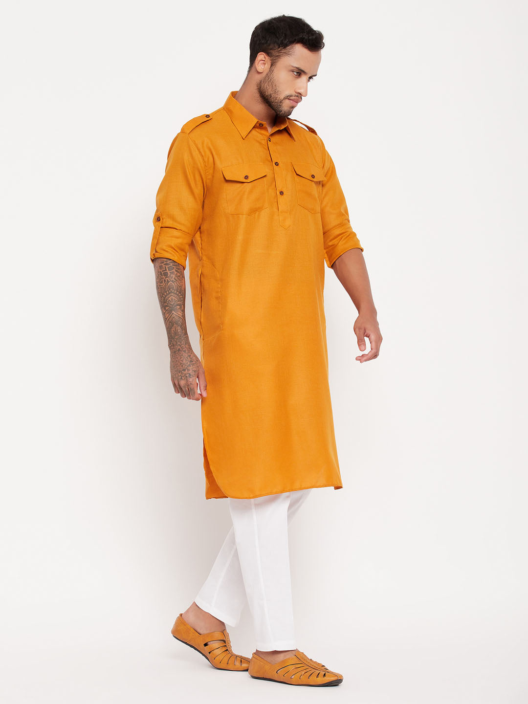 VM By VASTRAMAY Men's Rust Pathani Suit With White Pant Set, perfect for formal occasions and traditional events, with intricate embroidery and a comfortable fit