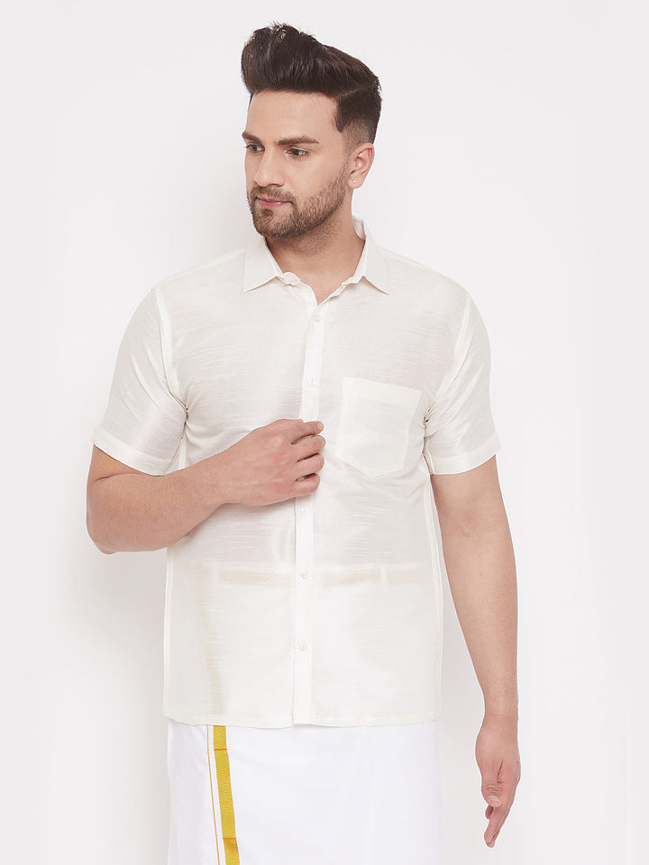 VM By VASTRAMAY Men's Cream Silk Blend Ethnic Shirt with Intricate Embroidery Detail