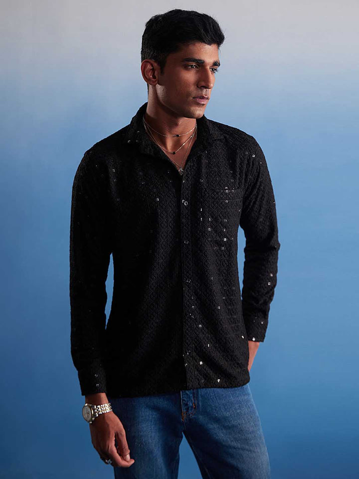 Front view of VM By VASTRAMAY Men's Black Rayon Embellished Shirt with intricate embroidery and button-up design