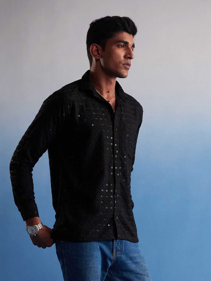 VM By VASTRAMAY Men's Black Rayon Embellished Shirt with intricate handcrafted detailing