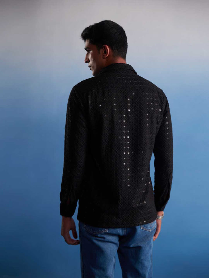  Side view of the stylish and comfortable VM By VASTRAMAY Men's Black Rayon Embellished Shirt