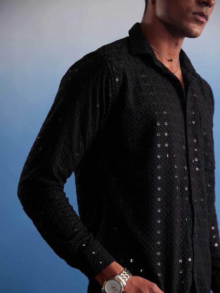  Back view of VM By VASTRAMAY Men's Black Rayon Embellished Shirt, showcasing the sleek and modern design