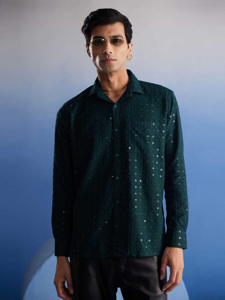 Front view of VM By VASTRAMAY Men's Green Rayon Embellished Shirt with button-down collar and intricate embroidery detail