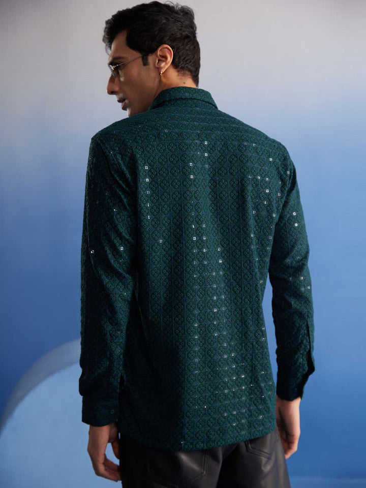  Side view of VM By VASTRAMAY Men's Green Rayon Embellished Shirt showcasing the relaxed fit and comfortable fabric