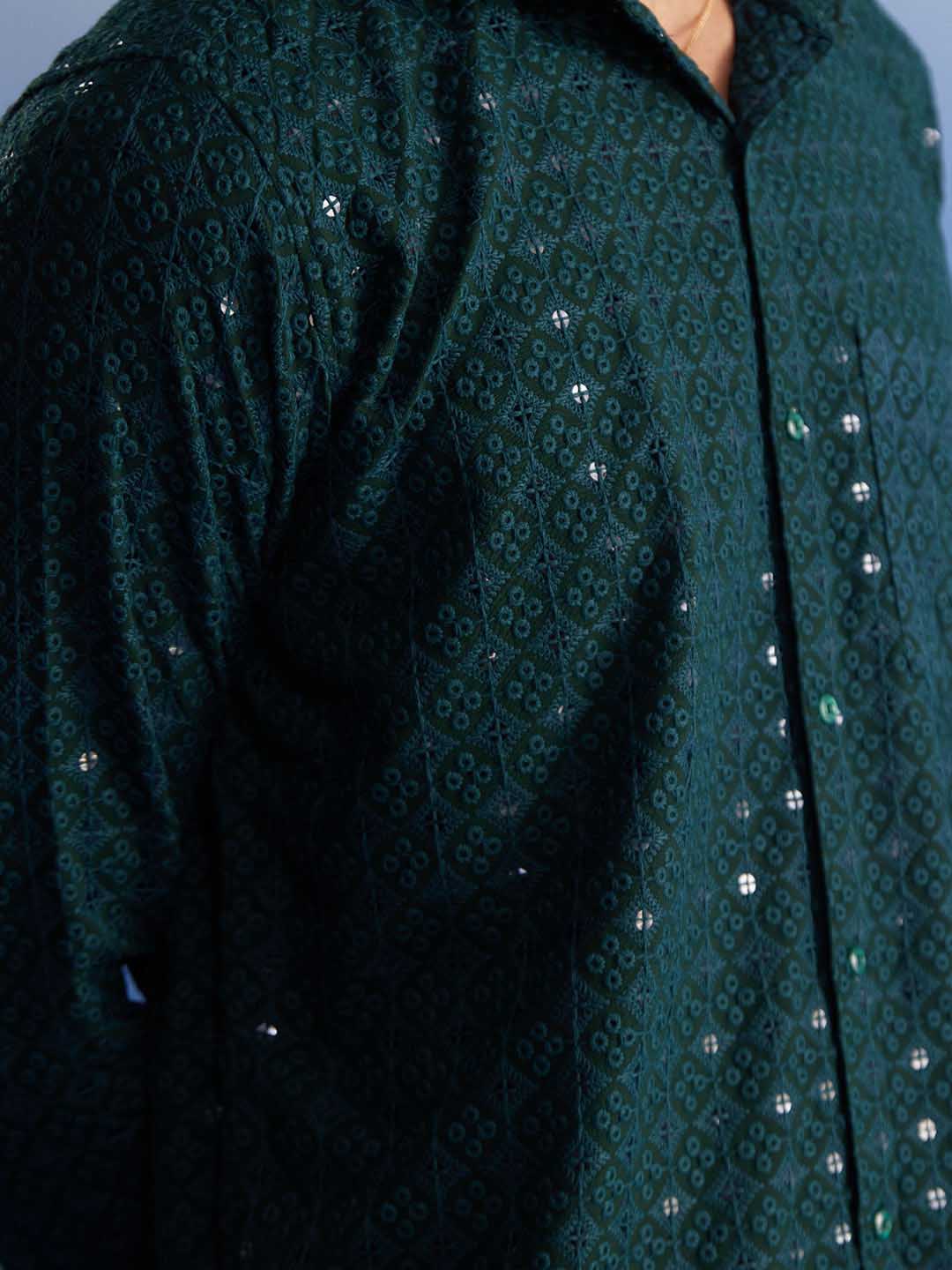 Close-up image of VM By VASTRAMAY Men's Green Rayon Embellished Shirt with intricate embroidery and button details on the collar and cuffs 