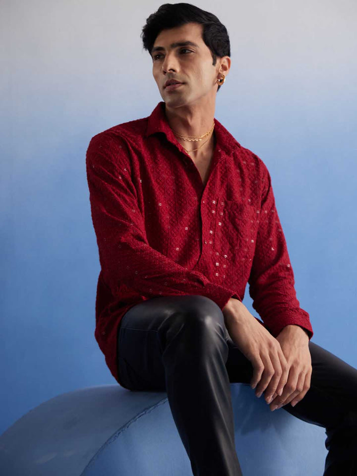 VM By VASTRAMAY Men's Maroon Rayon Embellished Shirt with intricate detailing and stylish design