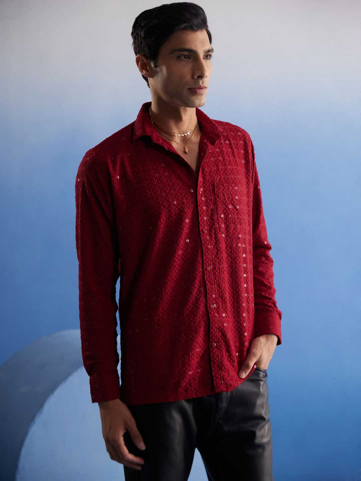 VM By VASTRAMAY Men's Maroon Rayon Embellished Shirt with intricate embroidery and button-up design