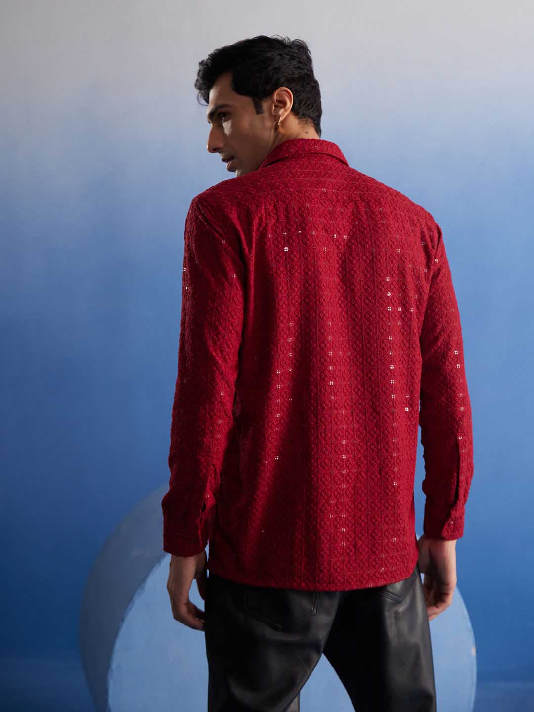 VM By VASTRAMAY Men's Maroon Rayon Embellished Shirt with Button-down Collar and Intricate Design Details