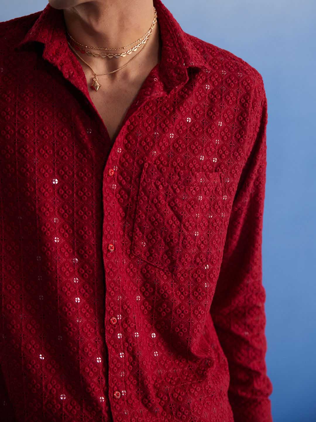 VASTRAMAY Men's Maroon Embellished Rayon Shirt with intricate detailing and stylish design