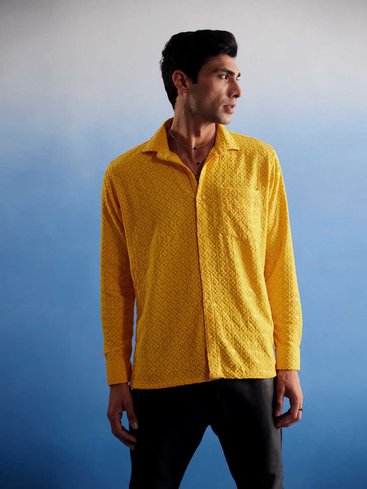 VM By VASTRAMAY Men's Yellow Rayon Embellished Shirt