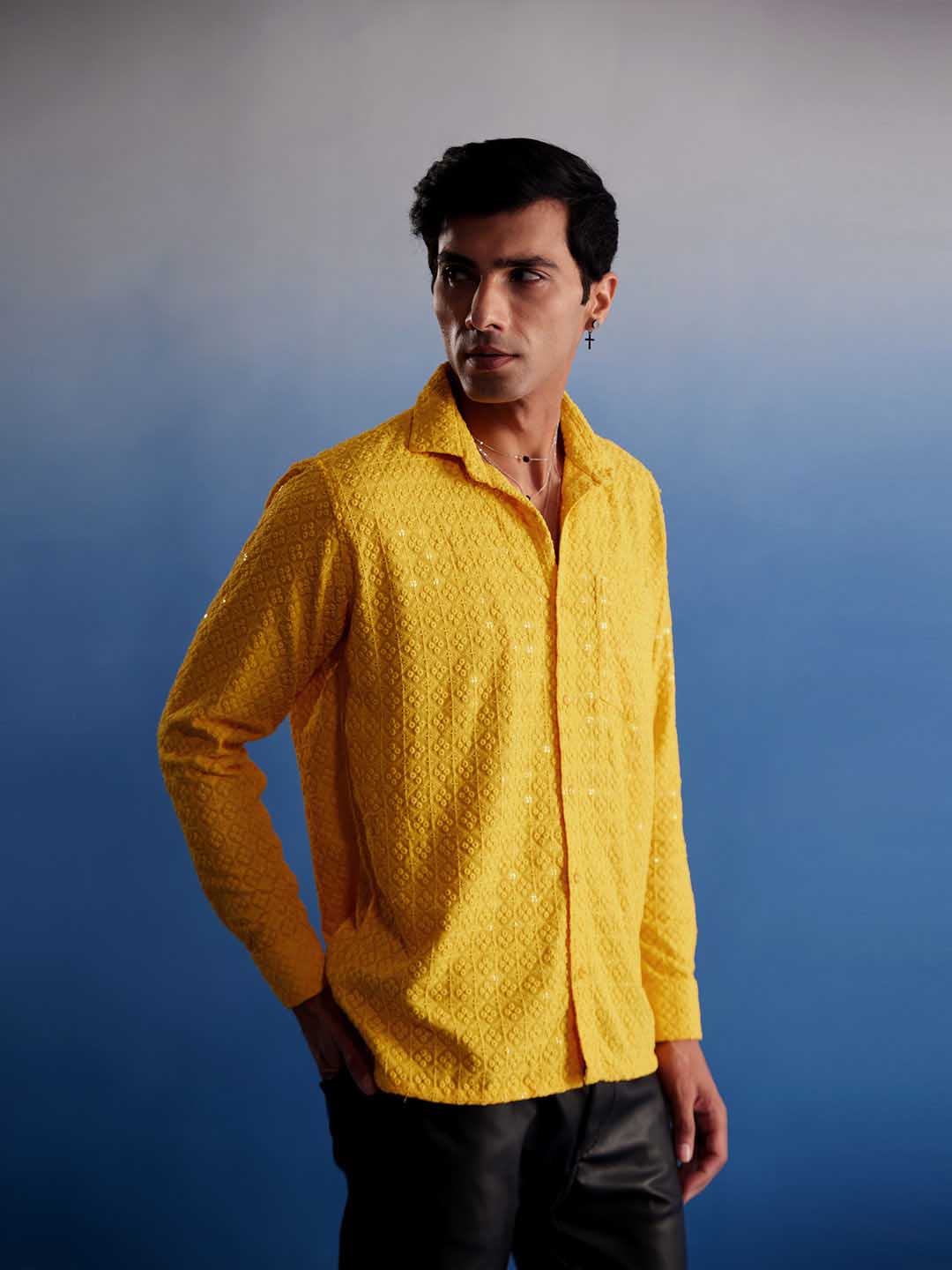  Close-up of VM By VASTRAMAY Men's Yellow Rayon Shirt, showcasing intricate embellishments