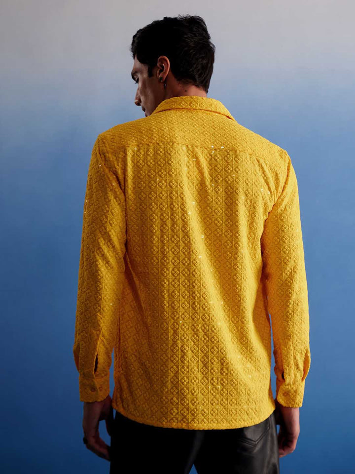  Stylish VM By VASTRAMAY Men's Yellow Rayon Embellished Shirt with Contrast Cuffs and Placket