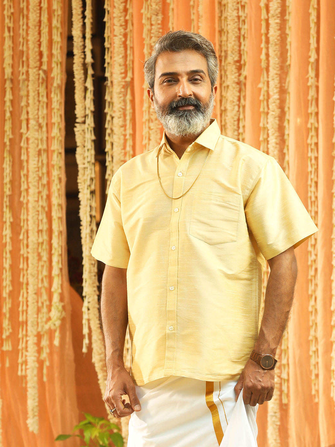 Men's Gold Silk Blend Ethnic Shirt