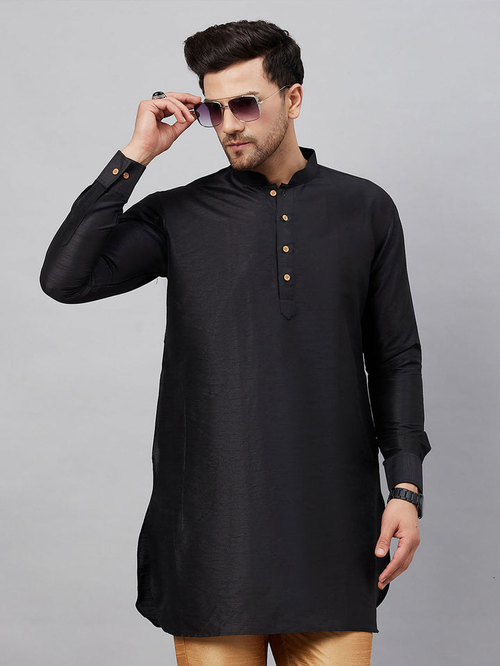 VM By VASTRAMAY Men's Black Silk Blend Curved Kurta