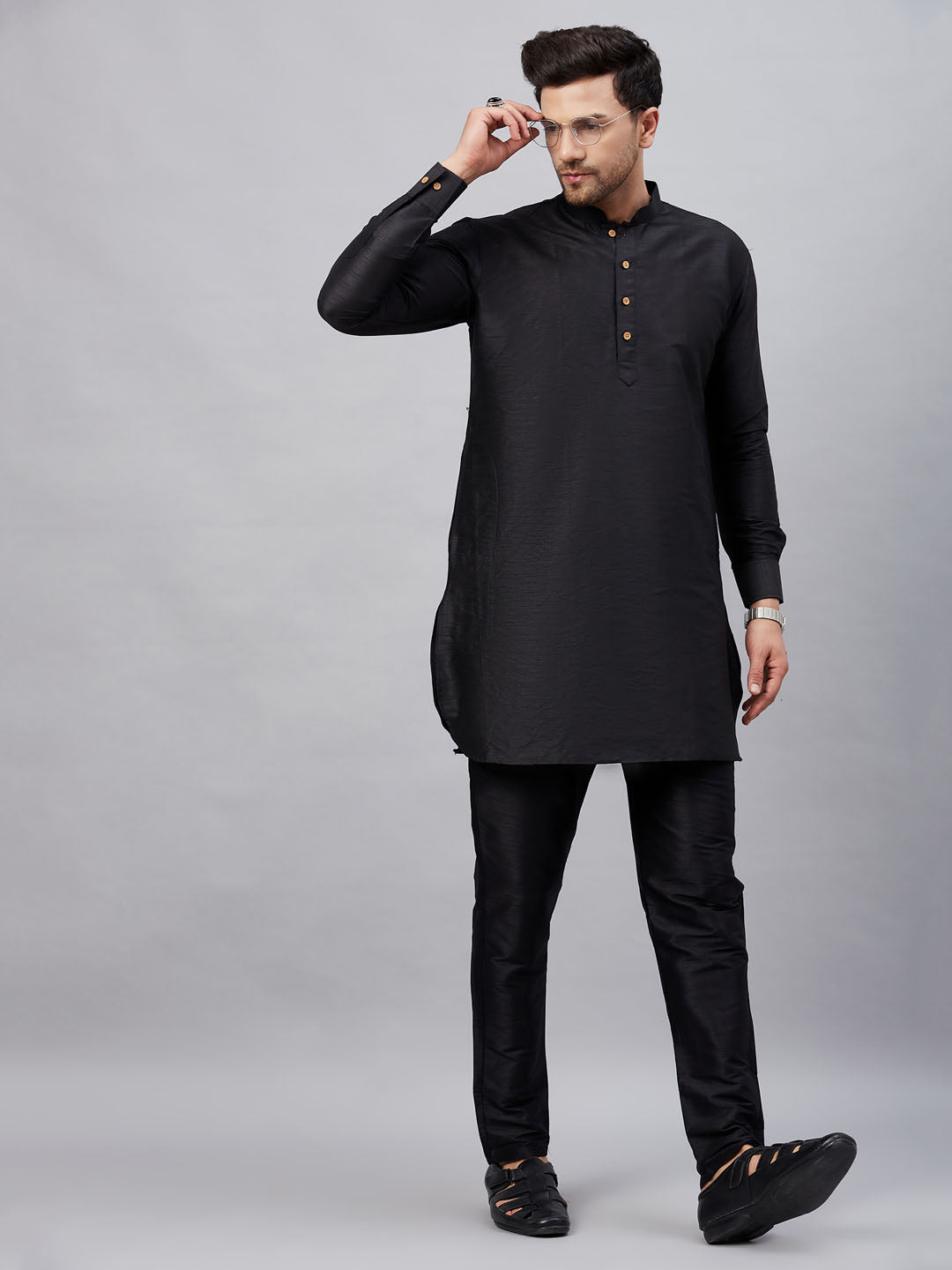  Elegant black silk blend kurta pant set for men's traditional wear 