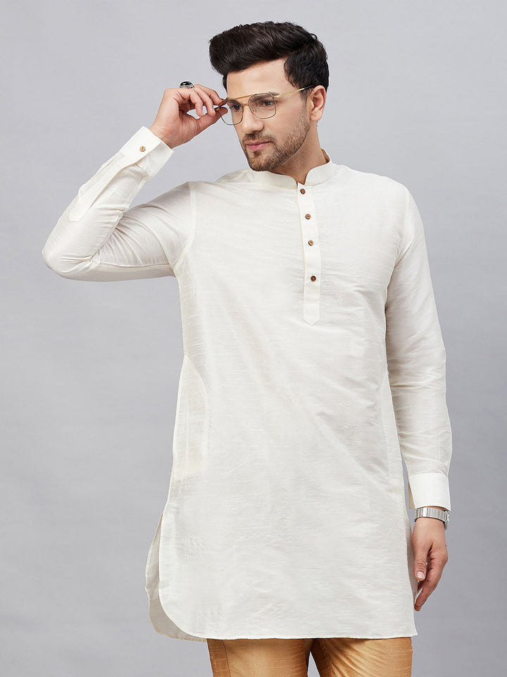 VM By VASTRAMAY Men's Cream Silk Blend Curved Kurta