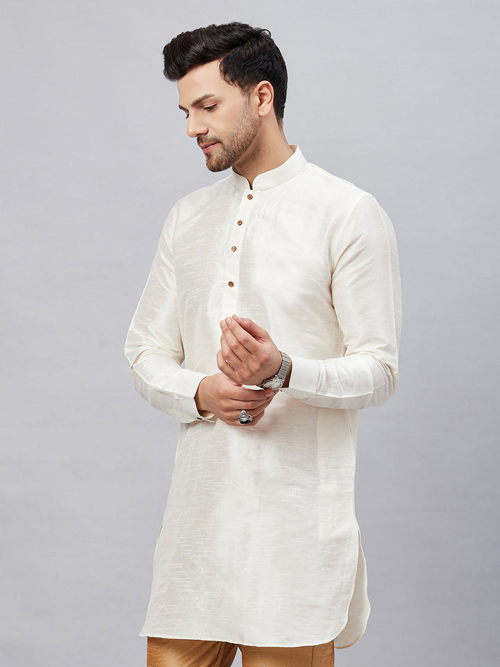 VM By VASTRAMAY Men's Cream Silk Blend Curved Kurta