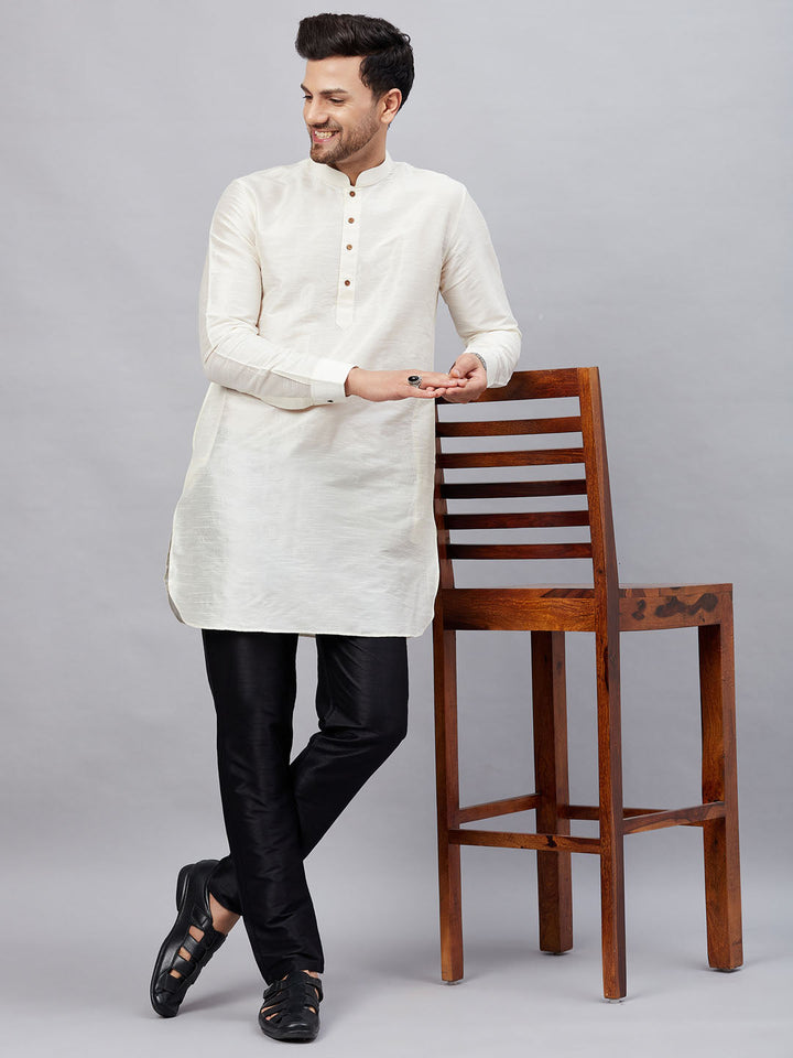 VM By VASTRAMAY Men's Cream Silk Blend Curved Kurta Pant Set