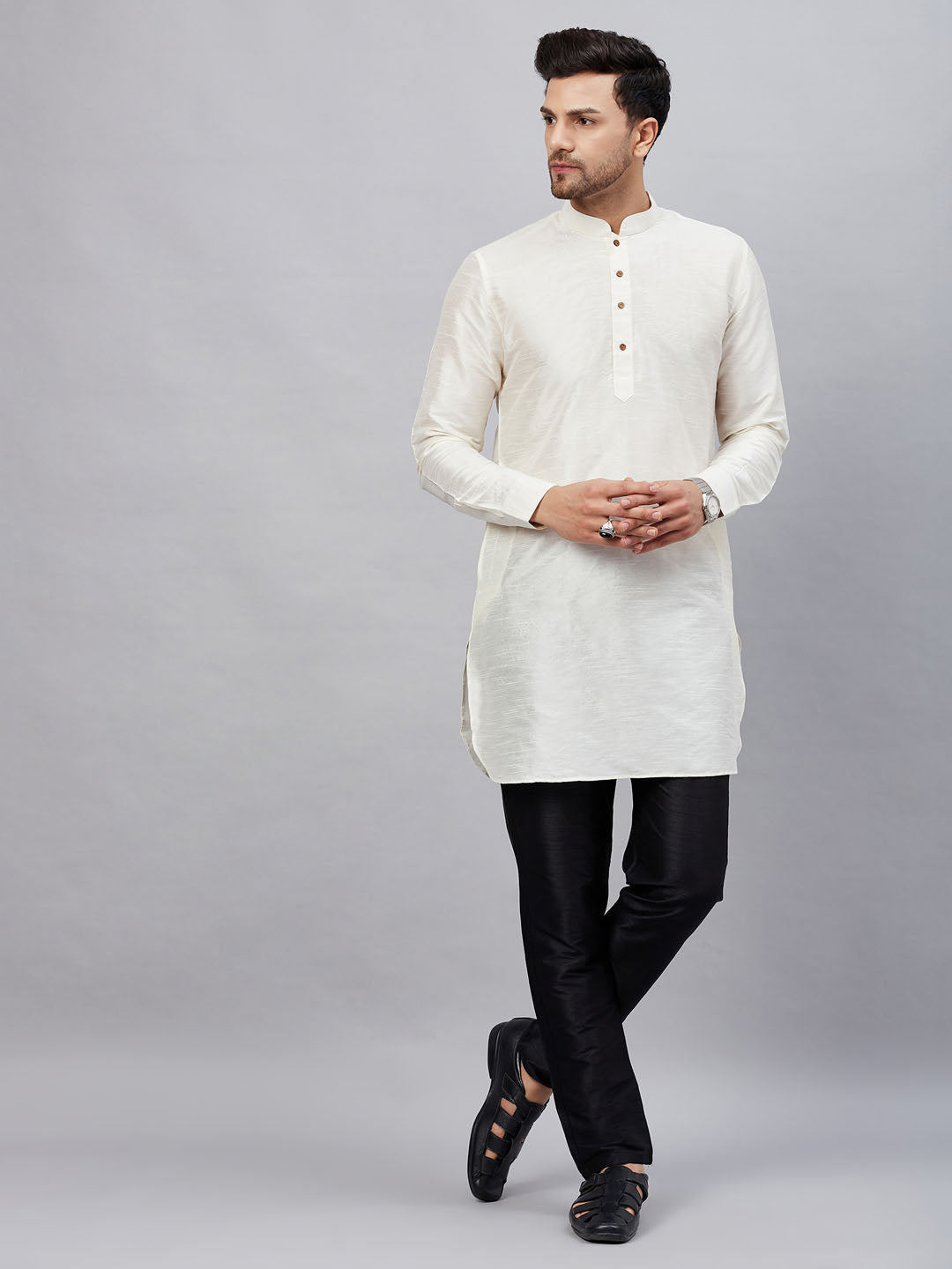  Elegant and Stylish Men's Cream Silk Blend Kurta Pant Set with Intricate Embroidery