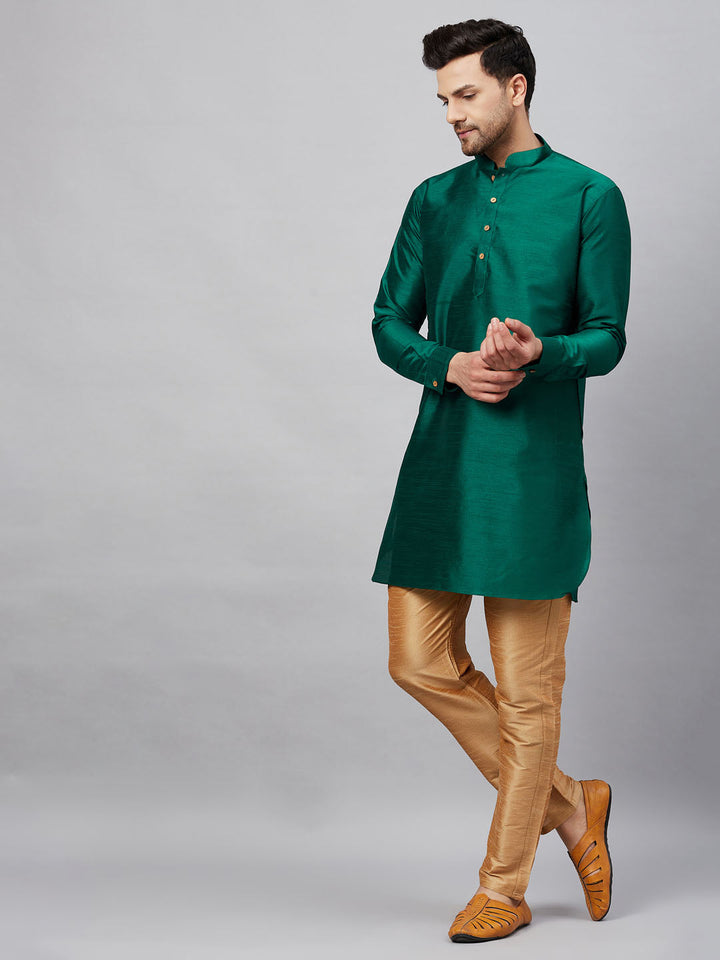 VM By VASTRAMAY Men's Green Silk Blend Curved Kurta Pant Set