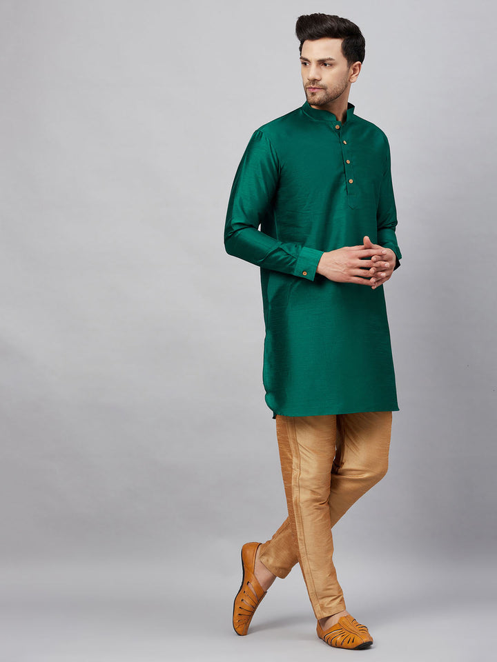 VM By VASTRAMAY Men's Green Silk Blend Curved Kurta Pant Set