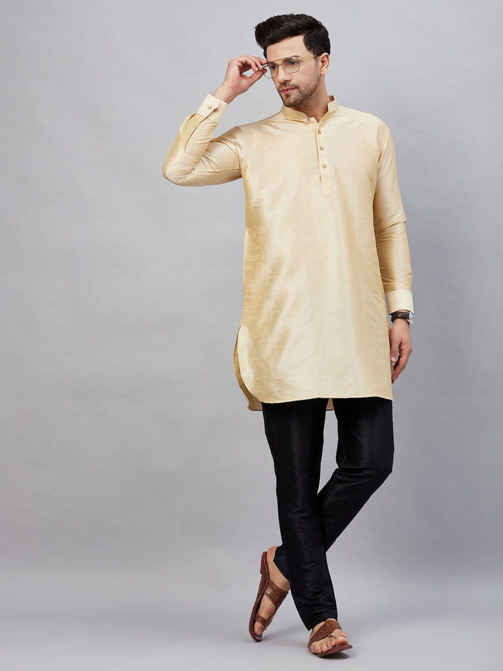 VM By VASTRAMAY Men's Gold Silk Blend Curved Kurta Pant Set front view with intricate embroidery and button details