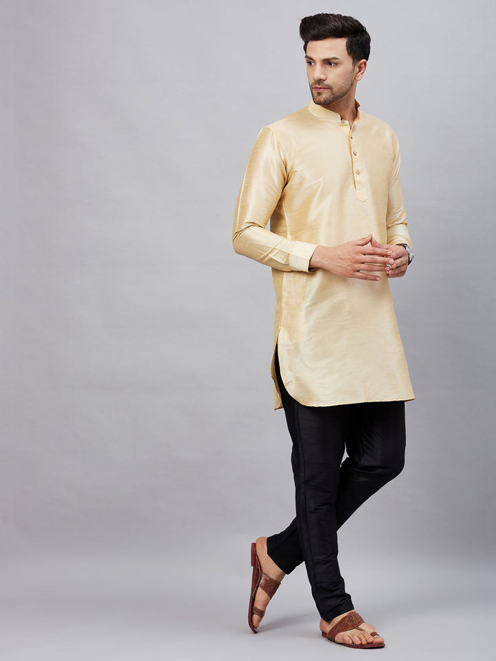  High-quality gold silk blend VM By VASTRAMAY Men's Curved Kurta Pant Set for a sophisticated and fashionable look