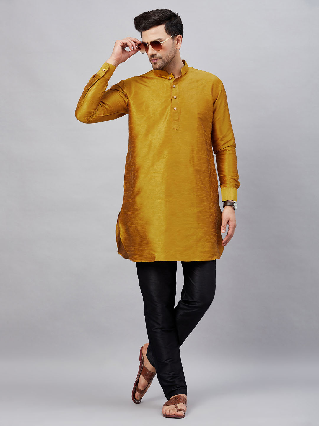 VM By VASTRAMAY Men's Mustard Silk Blend Curved Kurta Pant Set, stylish and comfortable traditional Indian menswear ensemble