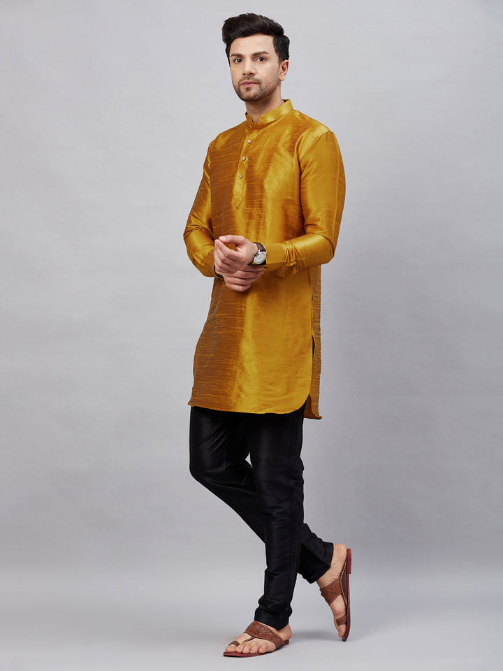 VM By VASTRAMAY Men's Mustard Silk Blend Curved Kurta Pant Set