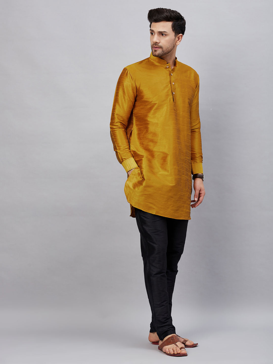 VM By VASTRAMAY Men's Mustard Silk Blend Curved Kurta Pant Set