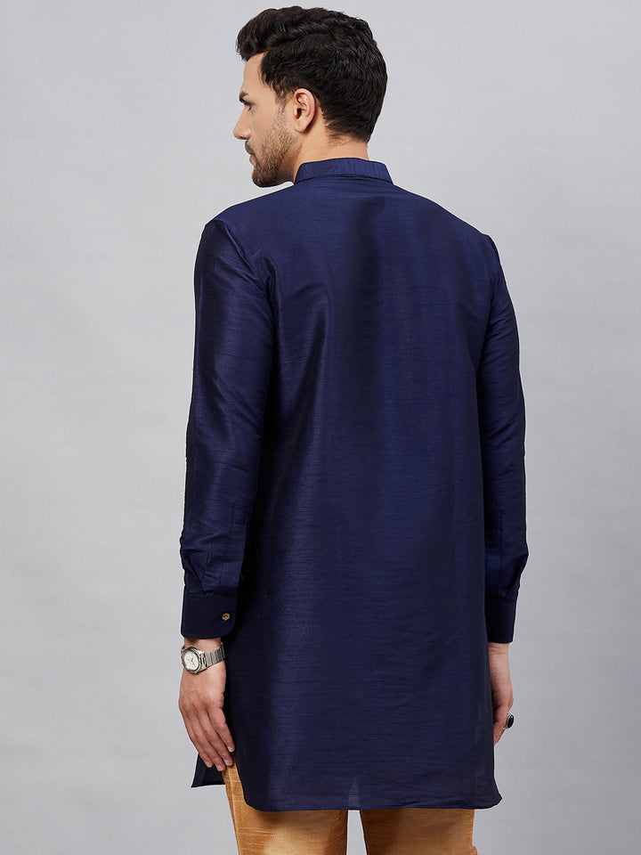 VM By VASTRAMAY Men's Navy Blue Silk Blend Curved Kurta