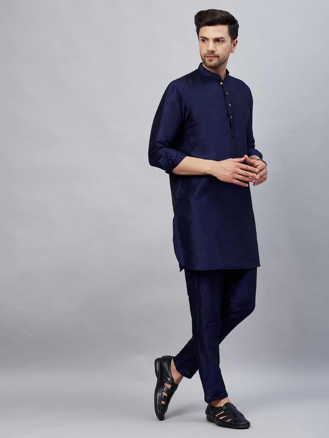 Sophisticated VM By VASTRAMAY navy blue silk blend kurta pant set for special occasions