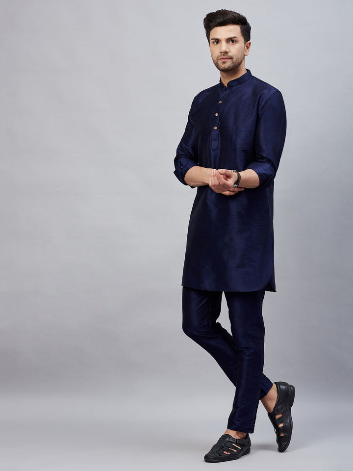 VM By VASTRAMAY Men's Navy Blue Silk Blend Curved Kurta Pant Set with intricate embroidery and traditional design for special occasions