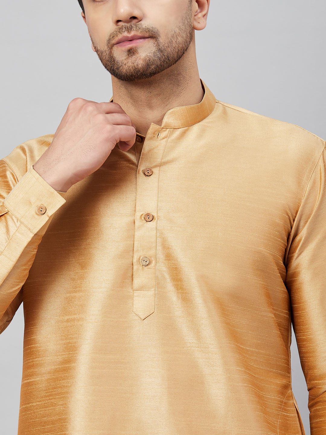 VM By VASTRAMAY Men's Rose Gold Silk Blend Curved Kurta