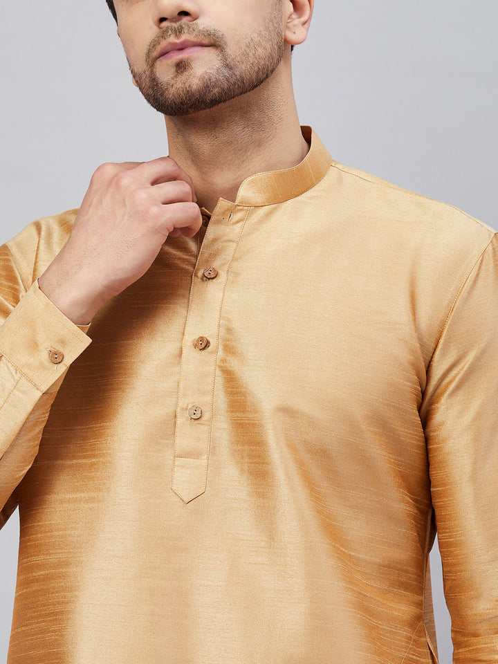 VASTRAMAY Men's Rose Gold Silk Blend Kurta with intricate embroidery and mandarin collar