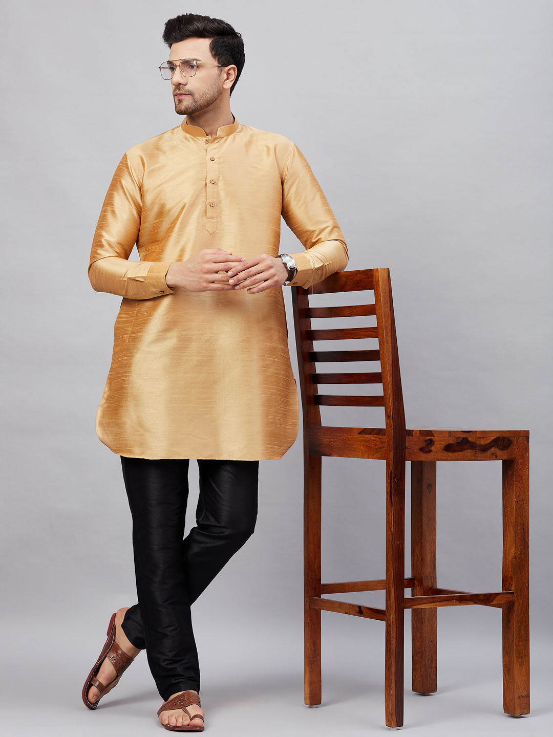 VM By VASTRAMAY Men's Rose Gold Silk Blend Curved Kurta Pant Set