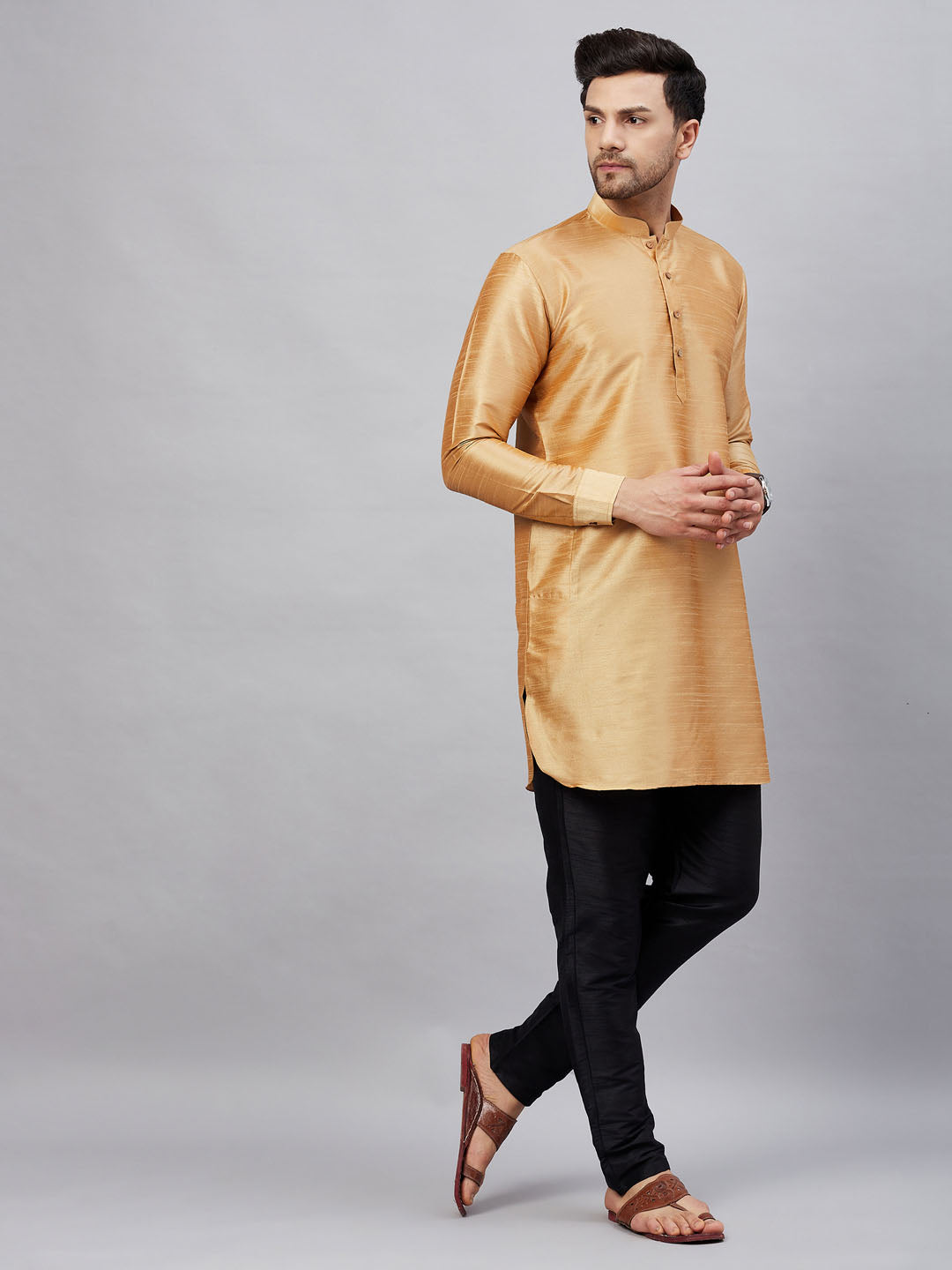  Elegant VASTRAMAY Men's Rose Gold Silk Blend Kurta with button detailing and full sleeves