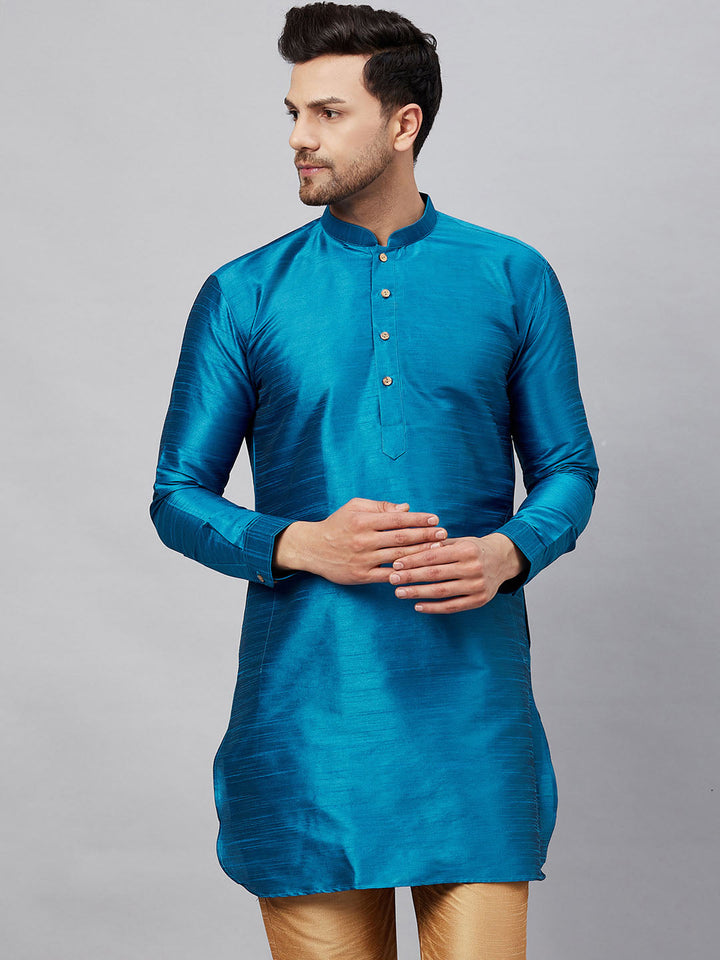 VM By VASTRAMAY Men's Turquoise Silk Blend Curved Kurta