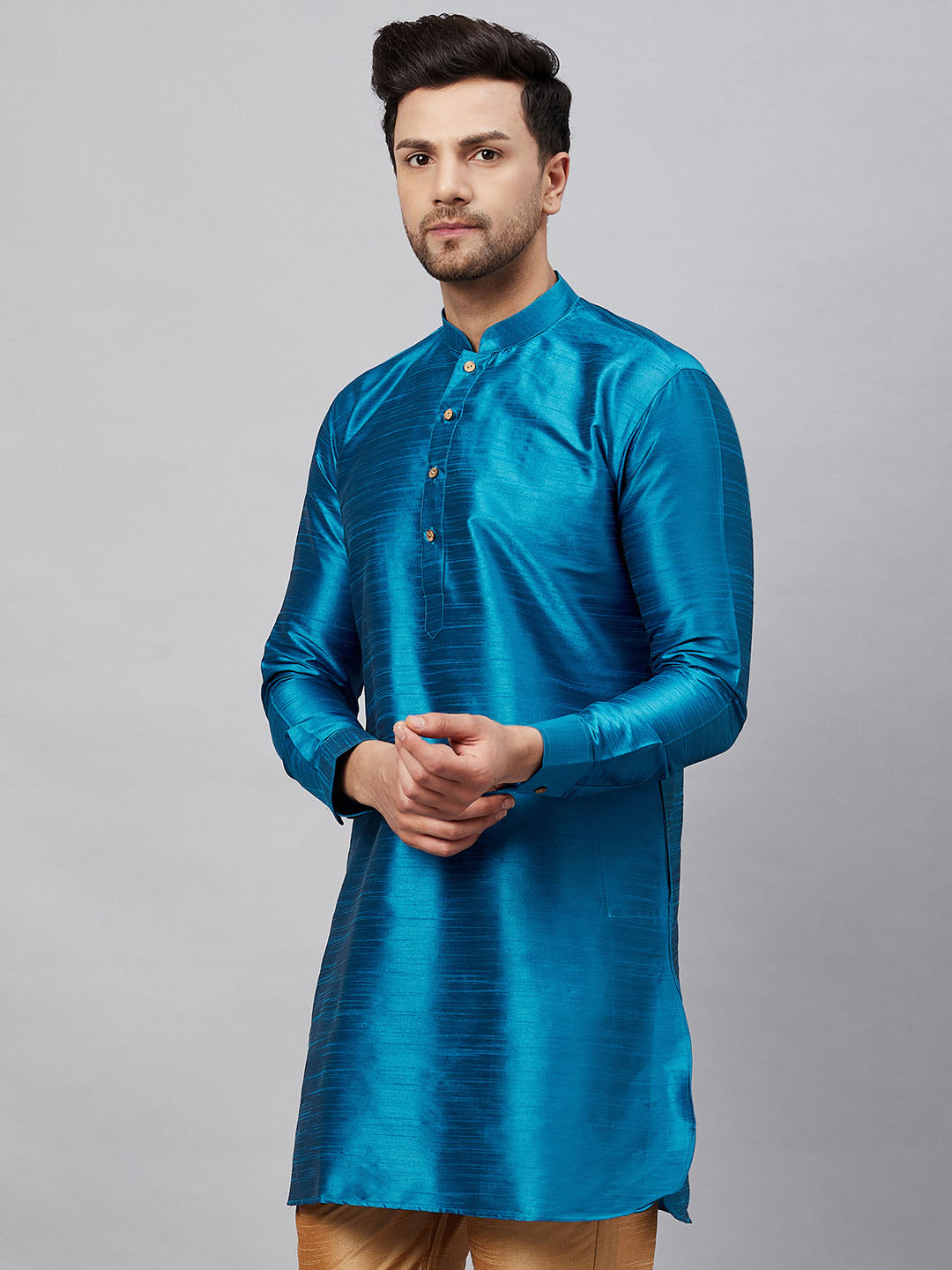 VM By VASTRAMAY Men's Turquoise Silk Blend Curved Kurta