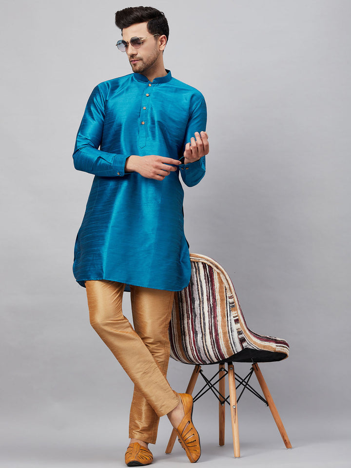 VM By VASTRAMAY Men's Turquoise Silk Blend Curved Kurta