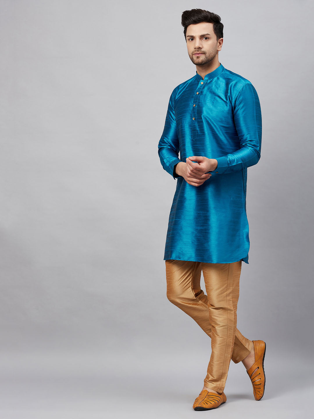 VM By VASTRAMAY Men's Turquoise Blue Silk Blend Kurta Pant Set with Embroidered Placket and Cuffs