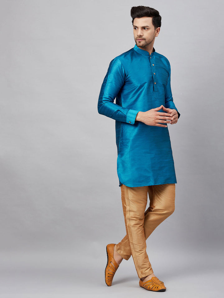 VM By VASTRAMAY Men's Turquoise Blue Silk Blend Curved Kurta Pant Set