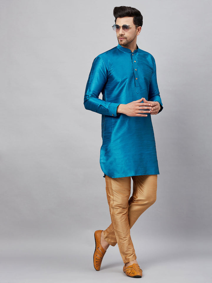 VM By VASTRAMAY Men's Turquoise Blue Silk Blend Curved Kurta Pant Set